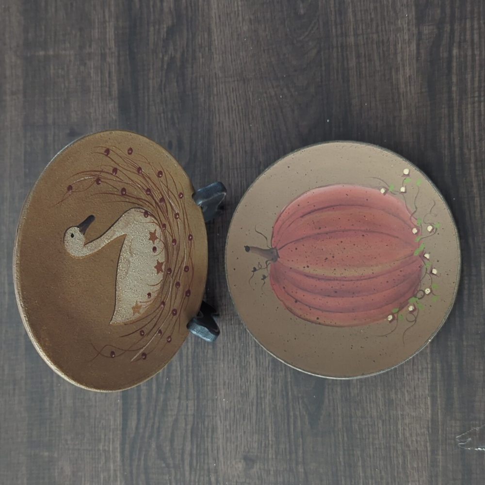 Hand Painted Vintage Primitive Decorative Plates with Small Easel